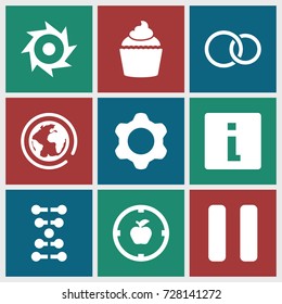Round icons set. set of 9 round filled icons such as muffin, rings, pause, gear, saw, apple target, dna, planet