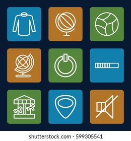 round icons set. Set of 9 round outline icons such as globe, sweater, no sound, guitar mediator, switch off, beach ball, loading