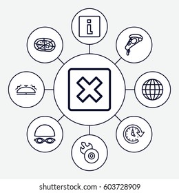 Round icons set. set of 9 round outline icons such as pizza, disc flame, bell, time, swimming hat and glasses, cancel, info
