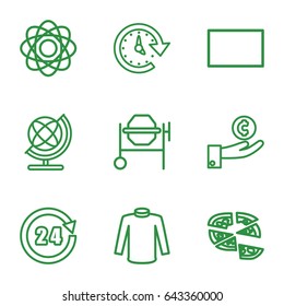 Round icons set. set of 9 round outline icons such as globe, sweater, concrete mixer, pizza, burst, 24 hours, time, atom