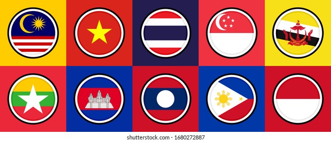 round icons set, flags of aec members. vector illustration