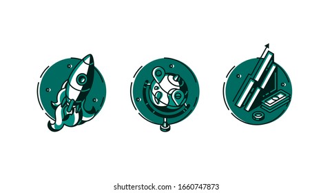 Round icons set rocket take off, globe with gps pins and isometric data analysis or finance growth chart and money isolated on white background, green color line art flat vector illustration, clip art
