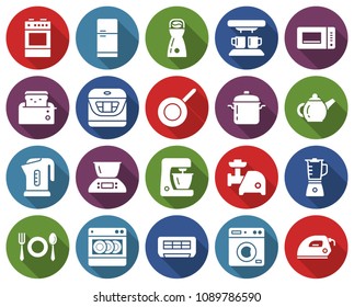 Round icons set of some kitchen utensils and home appliances with long shadow