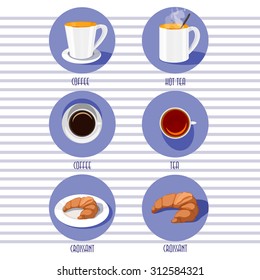 Round icons set. Tea mug, coffee cup, front and top view, croissant.