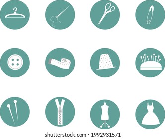 Round icons with sewing tools. Scissors, mannequin, buttons and pins, thimble, hanger and dress. Vector illustration isolated. For use and design of social networks, stickers, tailor shops, sewing