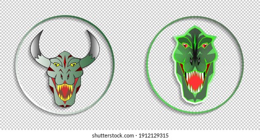 Round icons with shadows. Head of a scary monster with horns. Toothy dinosaur muzzle. EPS10
