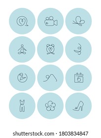 Round Icons With A Single Line On The Theme Of Yoga For Social Networks On A Turquoise Background. Suitable For Bloggers And Current Instagram Stories