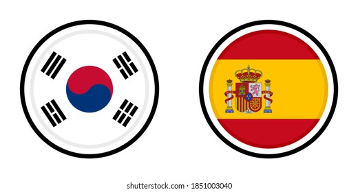 round icons with south korea and spain flags isolated on white background