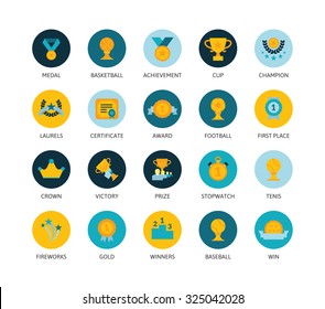 Round icons thin flat design, modern line stroke style, web and mobile design element, objects and vector illustration icons set 28 - winning prizes and awards collection