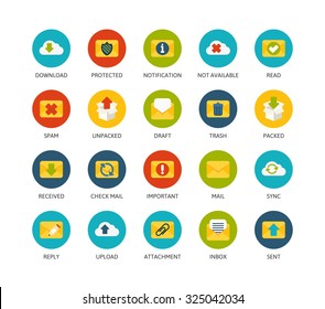 Round icons thin flat design, modern line stroke style, web and mobile design element, objects and vector illustration icons set 7 - mail and cloud collection