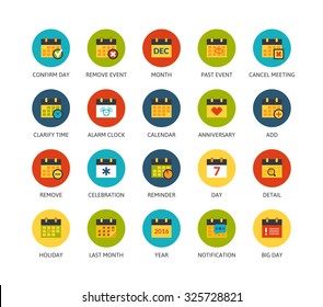 Round icons thin flat design, modern line stroke style, web and mobile design element, objects and vector illustration icons set 16 - calendar collection