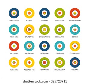 Round icons thin flat design, modern line stroke style, web and mobile design element, objects and vector illustration icons set 17 - sushi collection