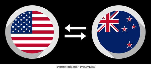 round icons with united states and new zealand flags. usd to nzd exchange rate concept
