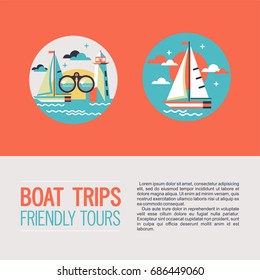 Round icons, icons. Vector clip art. Boat trips. A yacht, binoculars, lighthouse.