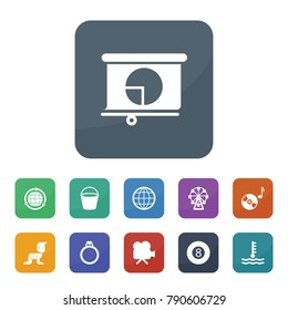 Round icons. vector collection filled round icons such as pie chart, globe, car temperature, bucket, movie camera, music disc, billiards, ferris wheel, baby