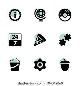 Round icons. vector collection filled round icons set.. includes symbols such as acorn, gear, bucket, pizza, 24 hours, globe, donut. use for web, mobile and ui design.