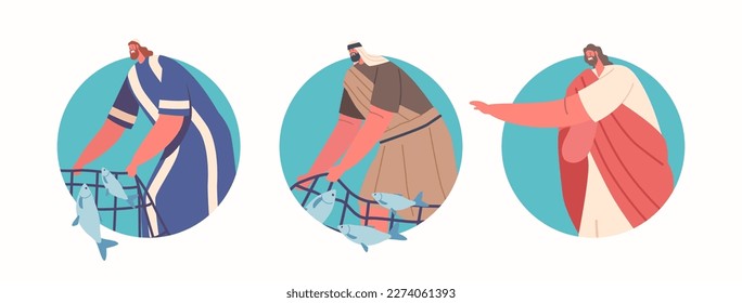 Round Icons of Wonderful Catch Biblical Event. Jesus and Apostle Characters Miraculously Caught A Large Amount Of Fish