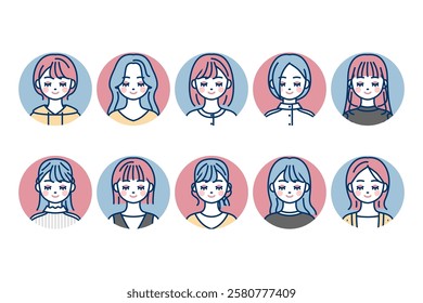 Round icons of young women with their eyes closed