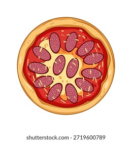 Pizza de pepperoni ilustrada redonda exibindo fatias de salame e derretendo queijo em uma cama de molho de tomate, vista diretamente de cima em um fundo branco