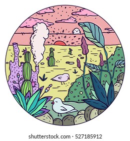 Round illustration of birds in desert with pink sunset and cactuses. Cute birds are around plants and leaves.