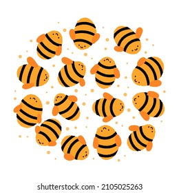 
Round illustration of cheerful yellow bees. Vector cartoon style. Design, decoration, mood.
