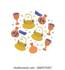 Round illustration with colorful magic cartoon bottles, stars, clouds, love potions, caldron in white. Magic elixir hand drawn collection isolated. Scandinavian style magician banner