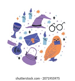 Round illustration with colorful magic cartoon bottles, stars, clouds, love potions, caldron, owl, wizard hat in white. Magic elixir hand drawn collection isolated. Scandinavian style magician banner