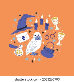 Round illustration with colorful magic cartoon bottles, stars, clouds, love potions, caldron, owl, wizard hat on orange. Magic hand drawn collection isolated. Scandinavian style magician banner