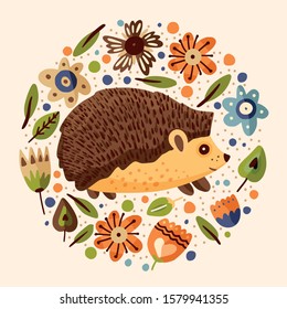 Round illustration with cute cartoon little vector hedgehog in a flat style. Botanical floral vintage poster. Forest animal art with flowers.