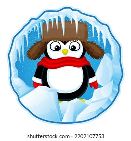 Round illustration with cute penguin on winter background.