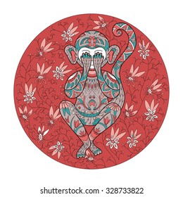 Round illustration with decorative  monkey. The red tones. See no evil. Ornament ape with flower background.