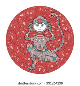 Round illustration with decorative monkey. The red tones. Hear no evil. Ornament ape with flower background.