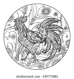 Round illustration with decorative rooster. Coloring with a contour. Line drawing. Ornament cock with flower background.