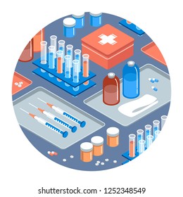 Round illustration depicting a doctor's table on which medicines, pills, tablets, test tubes, syringes and a first aid kit are located