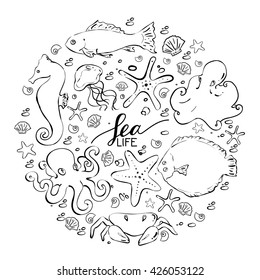 Round illustration with different sea creatures. Hand drawn vector elements. Seahorse, jellyfish, fish, octopus, starfish, shells, flounder, crab. Black on white.