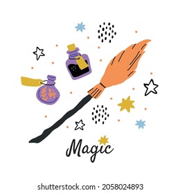 round illustration with flying broom, stars, potion bottles, elixirs, stars, dots and lettering. Broom, bottles with potion, stars, dots. Vector illustration, magic design