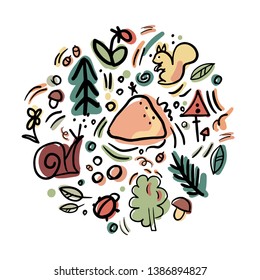 Round illustration with forest animals. Cute wild animal in natural color palette.