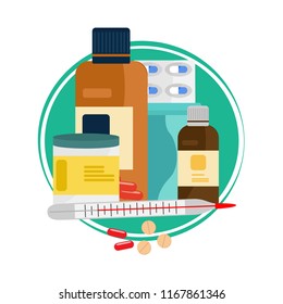 Round illustration with frame about healthcare isolated on white background. Vector of pills, bottles and pharmacy in flat style.