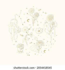 Round illustration with gold celestial   flowers . Vector isolated spiritual plants, moon and stars for greeting cards and wedding invitations.