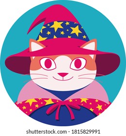 Round illustration with happy orange cat in cartoon style wearing wizard hat and cape decorated with yellow stars