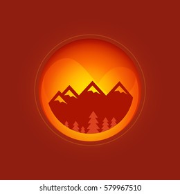Round Illustration of Mountains in dark red background. Rocks and Forest in Sunset environment.