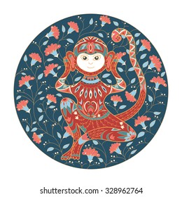 Round illustration with red monkey. Hear no evil. Decorative ape with flower background.