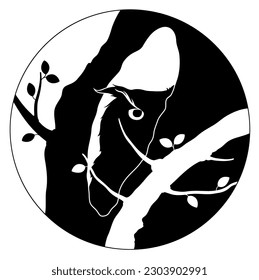 Round illustration representing an owl standing in a hole in a tree trunk, surrounded by branches and leaves.