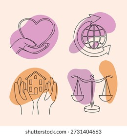 Conjunto de ilustraciones redondas que destacan temas de responsabilidad social, diversidad, atención médica, justicia e inclusión global.