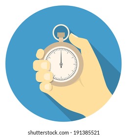 Round illustration of stopwatch in the hand in flat style