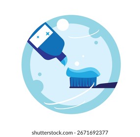 Ilustración redonda de pasta de dientes que se aprieta en un cepillo. Productos y aparatos de higiene personal, cepillado de dientes Arte vectorial