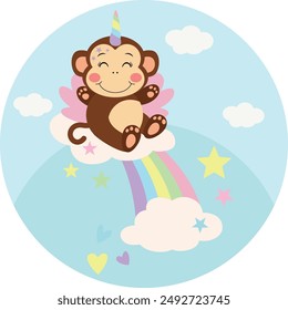 Runde Illustration mit Einhornaffe auf Regenbogen mit Wolken