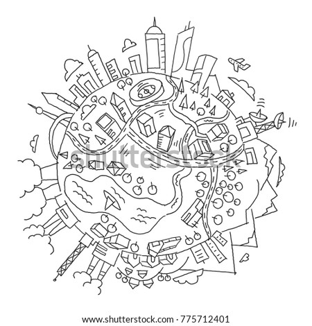 Round illustration world planet Earth. The city, the mountains the factories and buildings. Hand drawn vector stock outline illustration.
