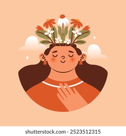 Round illustration of young woman with flowers and plants growing from head. Trendy naive clip art. Cartoon, minimal, contemporary style. Cute funny character. Logo, sticker, banner, card