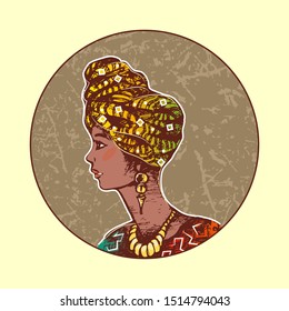 Round image of an African woman in national dress. Sketch. Textured Background. Icon, symbol, sign. Vector illustration
